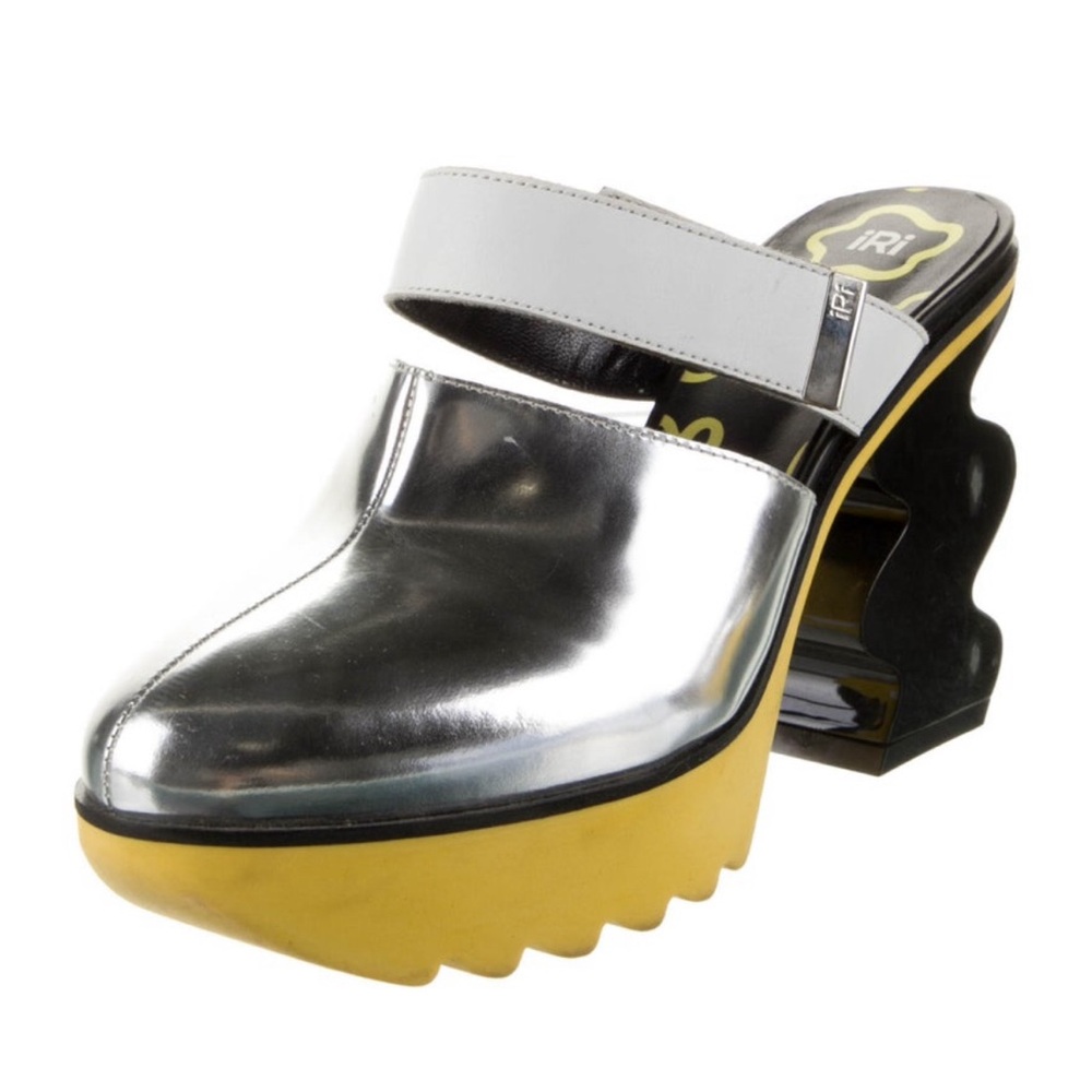 iRi Patent Leather silver, yellow and black Colorblock Mules size 39 shoe bag